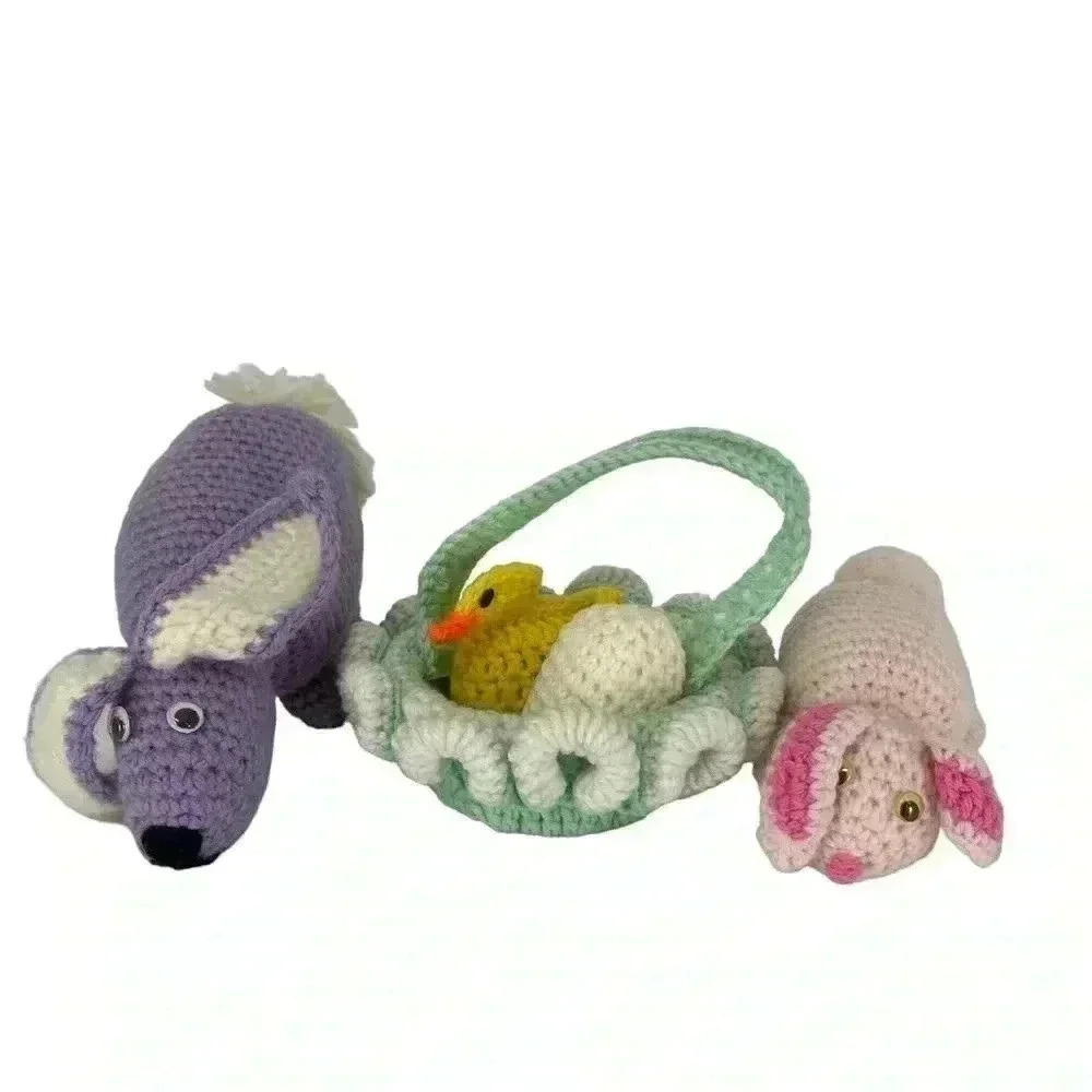 VINTAGE CROCHETED PERFECT EASTER BUNDLE BASKET EGG CHICK TWO BUNNIES HANDMADE
